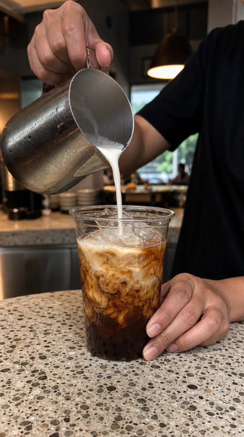 example reel cover: iced palm-sugar milk coffee being poured at a cafe counter