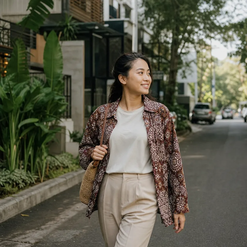 example carousel slide: a creator walking a Jakarta street in a modern batik overshirt