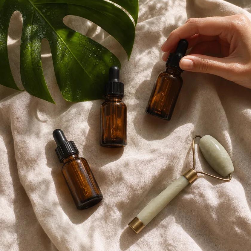 example carousel slide: amber serum bottles and a jade roller on warm linen