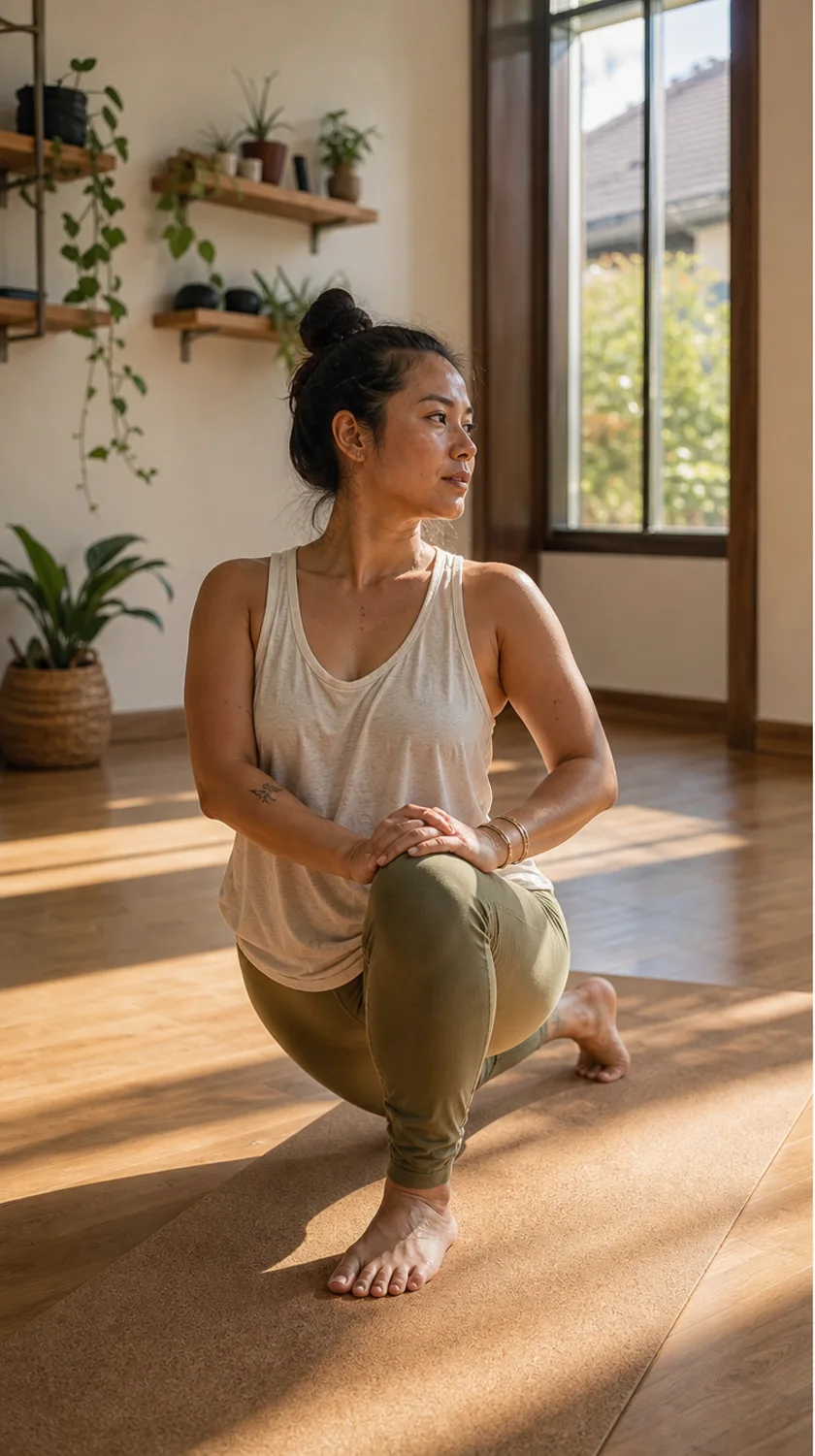 example reel cover: a yoga instructor holding a crescent lunge in a sunlit studio